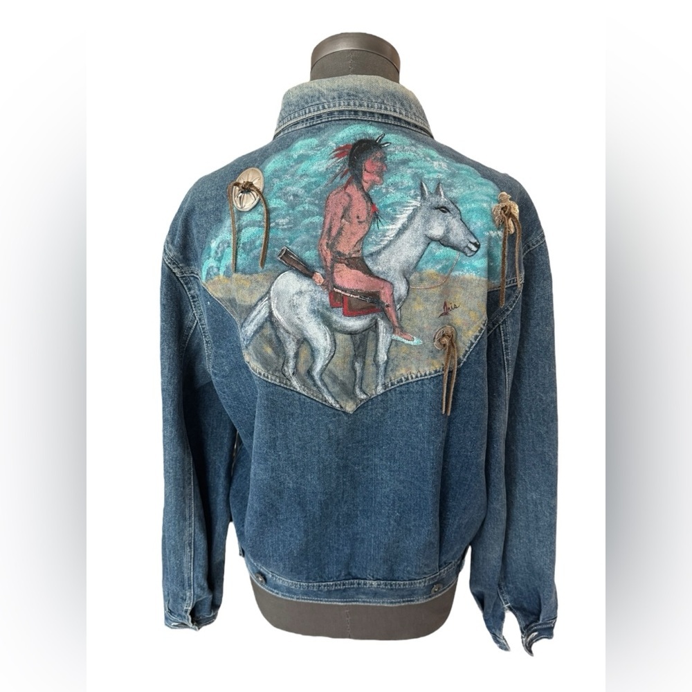 Vintage Denim Biker Jacket Womens Medium Hand Painted Conchos Studs